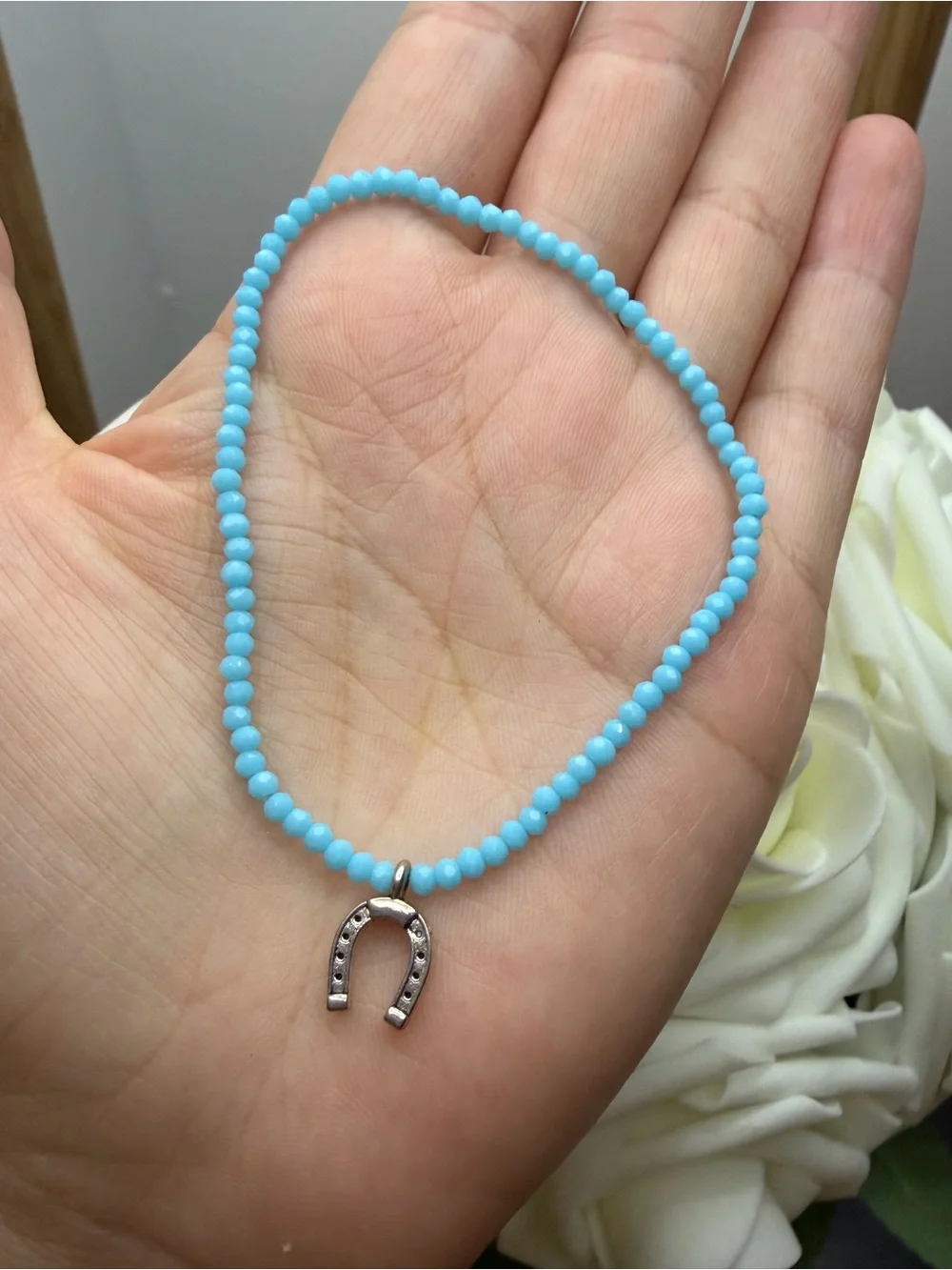 Turquoise Beaded Necklace with Silver Horseshoe Charm